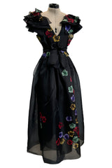 Prettiest 1960s Possible Christian Dior Floral Print Silk Organza Dress w Ruffled Shoulders