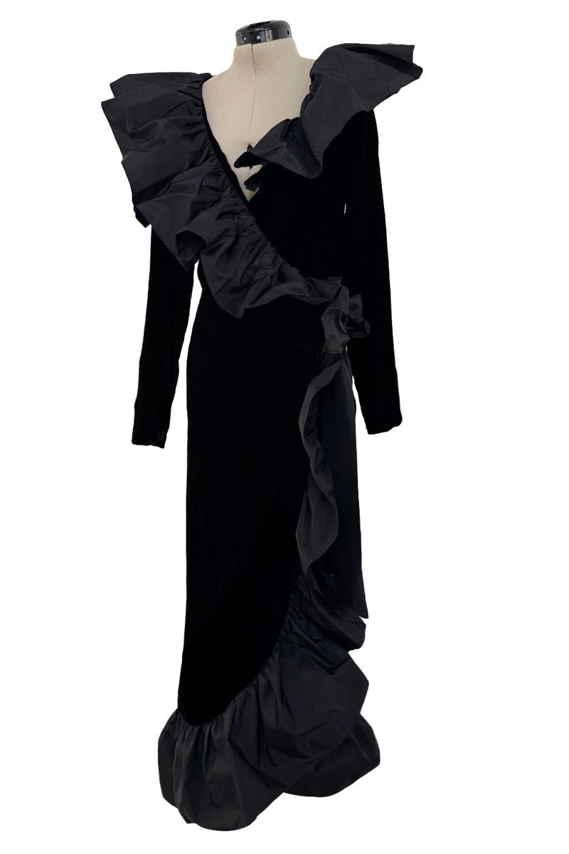 Amazing Fall 1984 Yves Saint Laurent Runway Silk Taffeta Ruffle & Velvet Wrap Dress