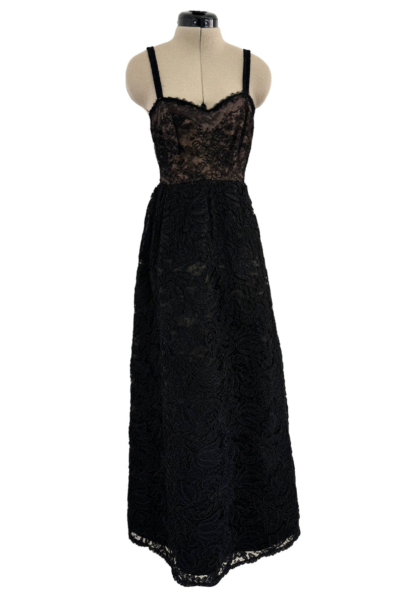 Prettiest 1960s James Galanos Couture Black French Lace & Silk Cord Dress