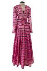 Prettiest 1980s Hanae Mori Pink Striped Silk Chiffon Dress w Metallic Gold Thread