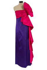 Spring 1984 Bill Blass Runway Purple Silk Dress w One Shoulder Bow & Long Ruffle