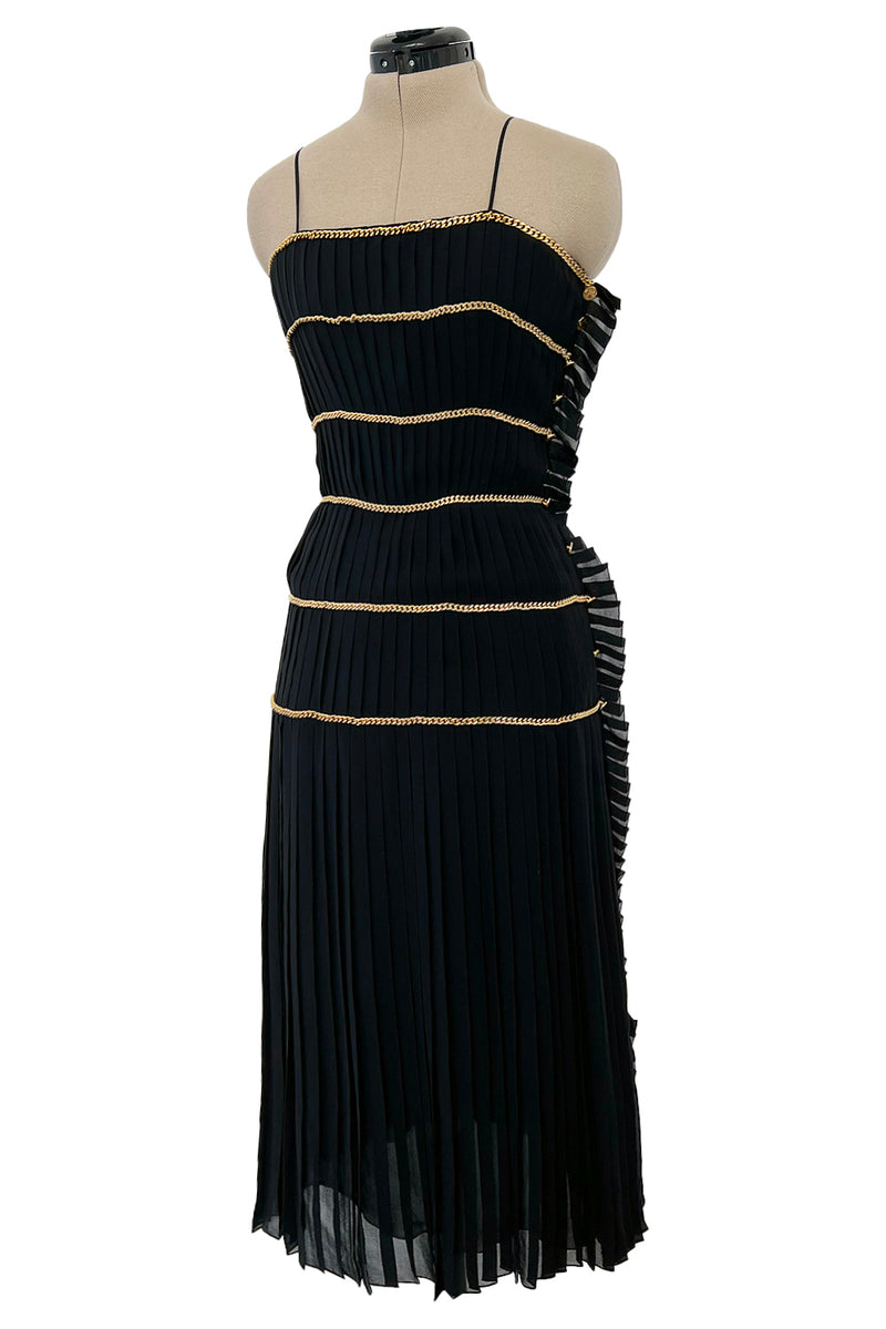 Incredible Spring 1988 Chanel by Karl Lagerfeld Runway Black Pleated Silk Chiffon Dress w Chain Detailing