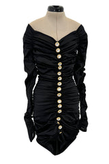 Remarkable Early 1990s Angelo Tarlazzi Black Stretch Mini Dress w Gold & Rhinestone Buttons