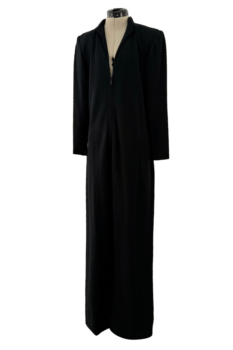 Fabulous 1980s Pauline Trigere Sleek Black Wool Jersey Jumpsuit w Front Zip