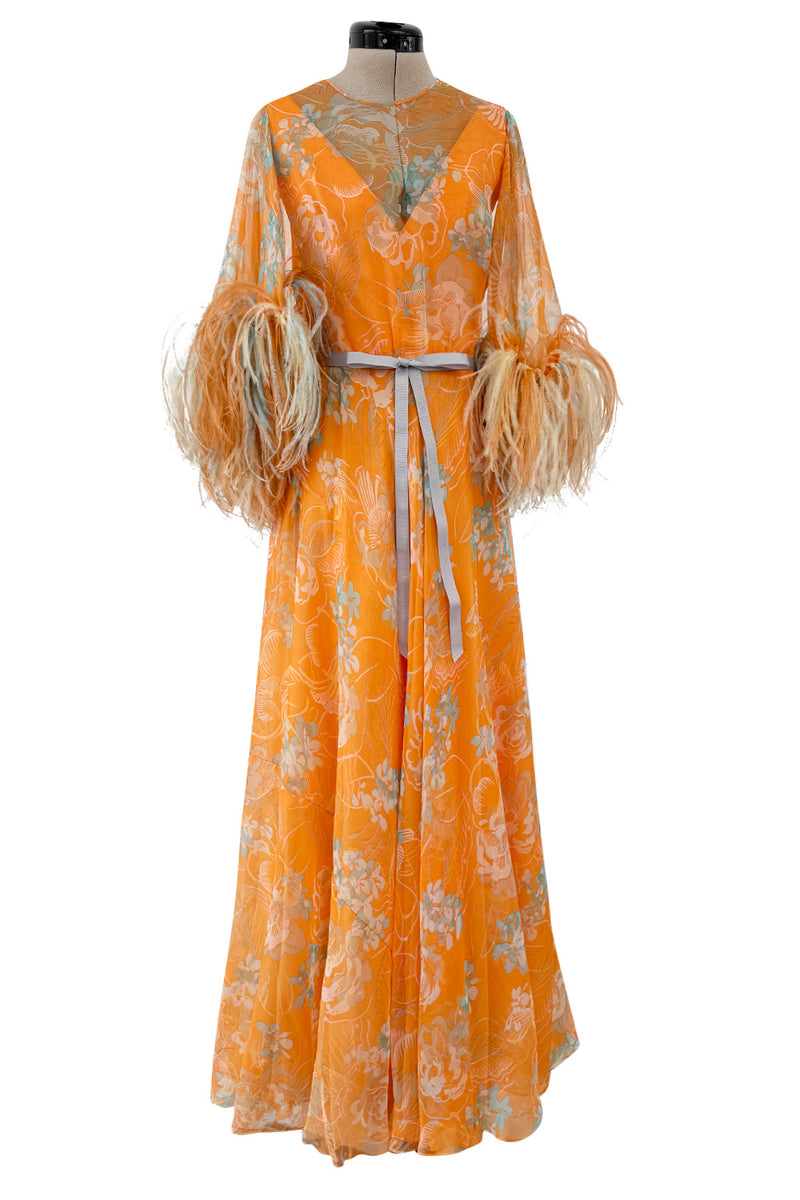 Exquisite 1960s Harry Algo printed Peach Silk Chiffon Dress w Feather Detailing