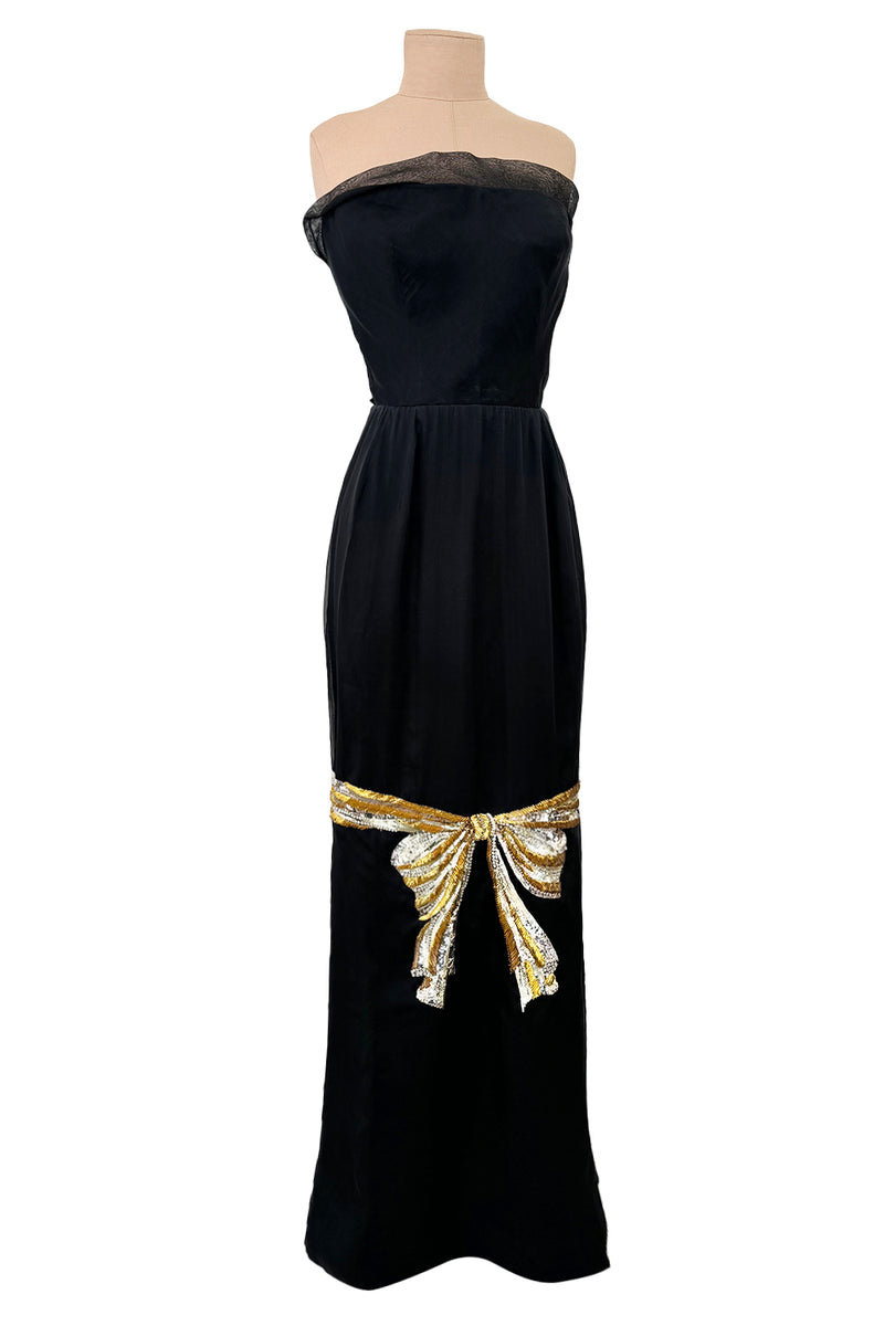 Spring 1979 Givenchy Haute Couture Runway Black Silk Chiffon Strapless Dress w Gold Sequin Bow Dress