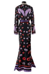 Rare Spring 1979 Chloe by Karl Lagerfeld Stunning Silk Print Plunge Dress w Belt