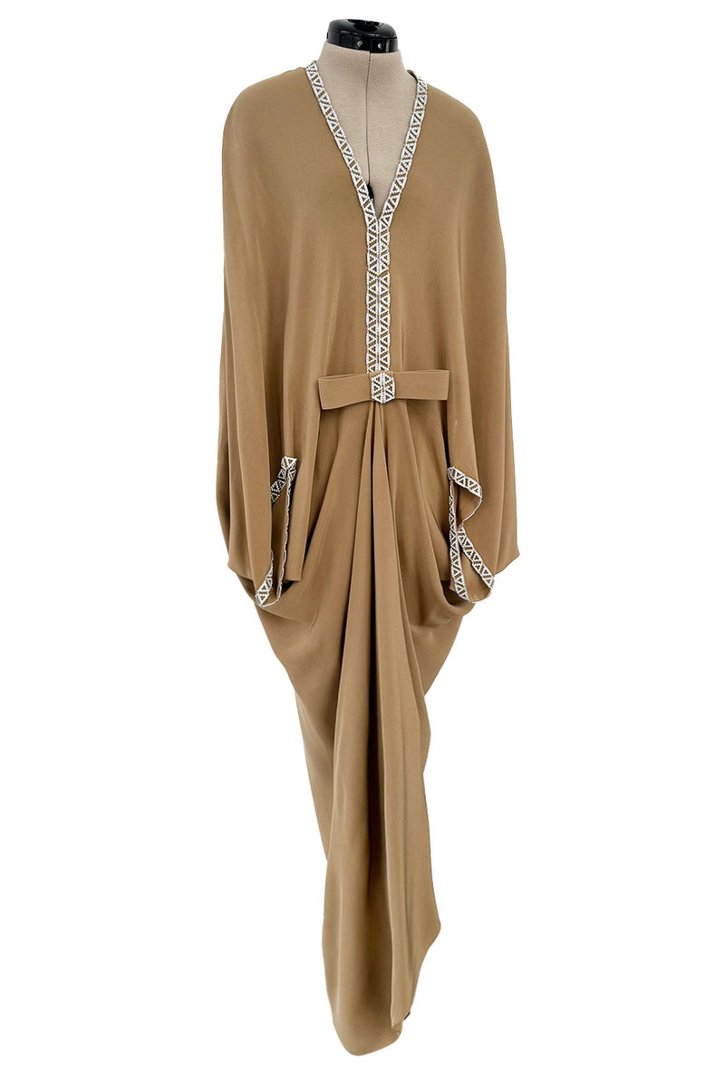 Incredible 1978 Pierre Cardin Haute Couture Soft Taupe Silk Cape Dress w Rhinestone Detailing