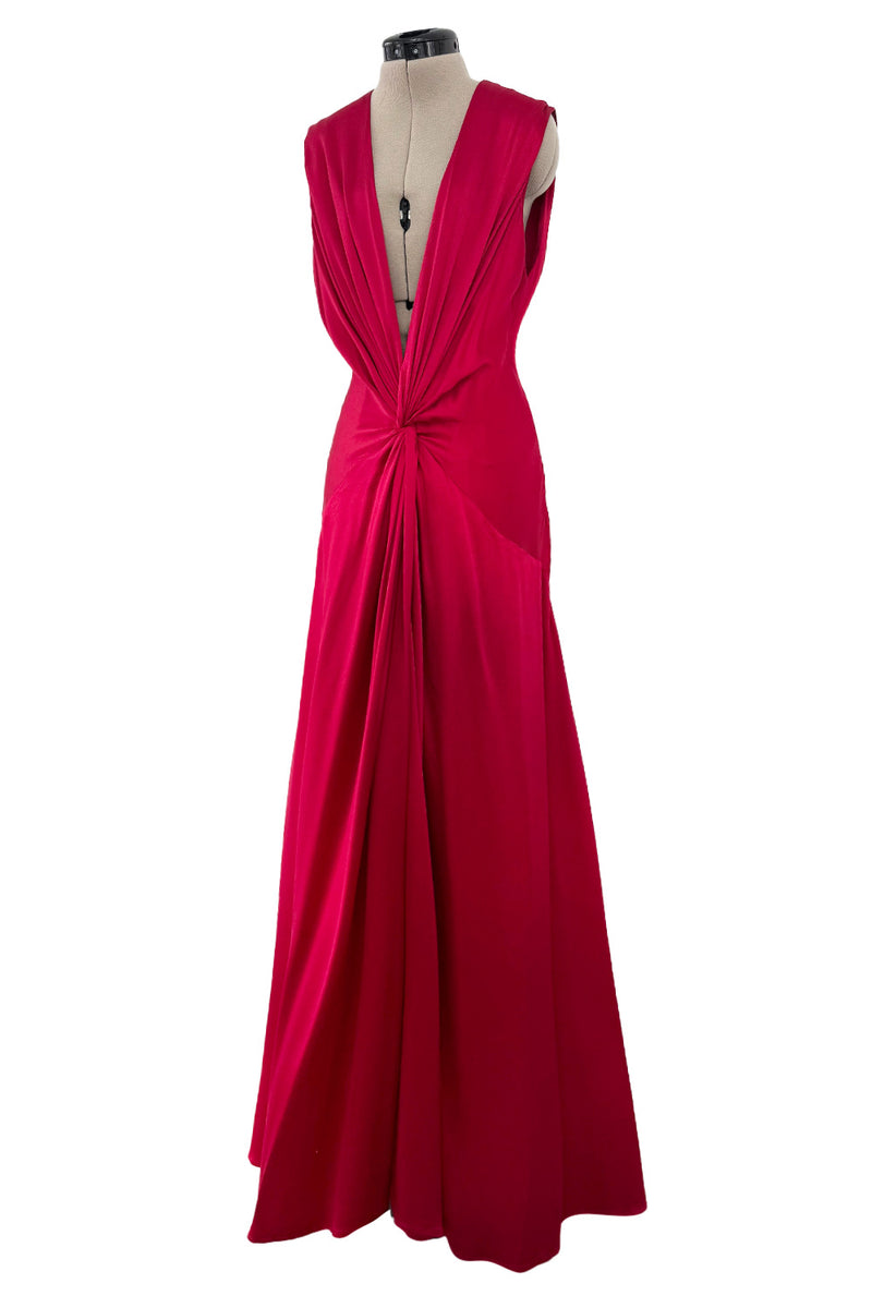 Spring 2008 Alexander McQueen Draped Red Silk Dress w Twisted Deep Front Plunge