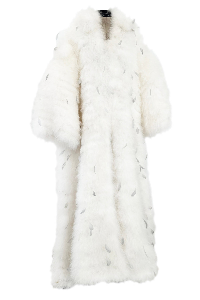 Amazing Vintage Unlabeled Full Length White Fluffy Feather Coat w Extra Wide Bell Sleeves