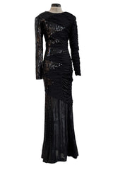 Amazing 1970s Loris Azzaro Black Sequin & Jersey Inset Dress w Low V Back