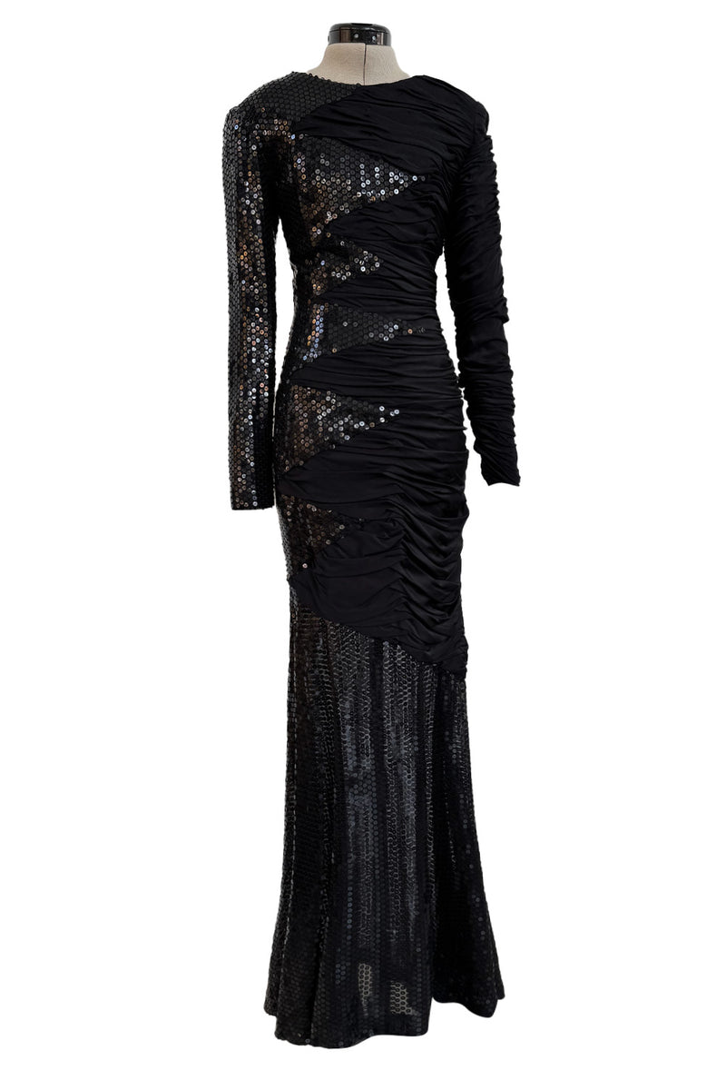 Amazing 1970s Loris Azzaro Black Sequin & Jersey Inset Dress w Low V Back