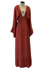 1970s Jean Varon Rust Clay Coloured Silk Wide Sleeve Dress w Plunge Front