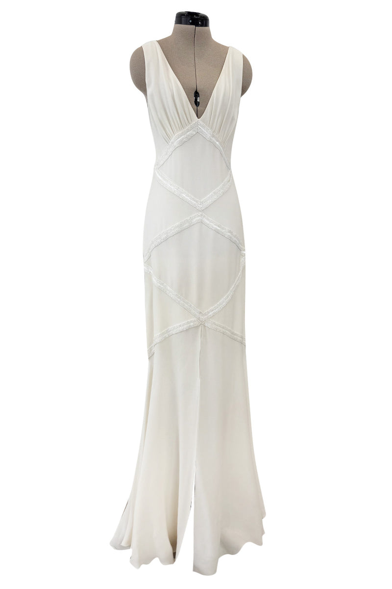 Gorgeous 2000s Valentino Bias Cut Ivory Silk Dress Dress w Beading Detail & Chiffon Skirt