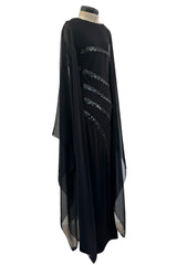 1990s Loris Azzaro Black Stretch Jersey Dress w Chiffon Angel Sleeves & Black Sequin Detailing