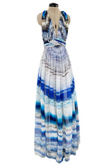 Amazing 2009-2010 Alexander McQueen Silk Chiffon Blue Agate Print Dress w Plunge Front & Open Back