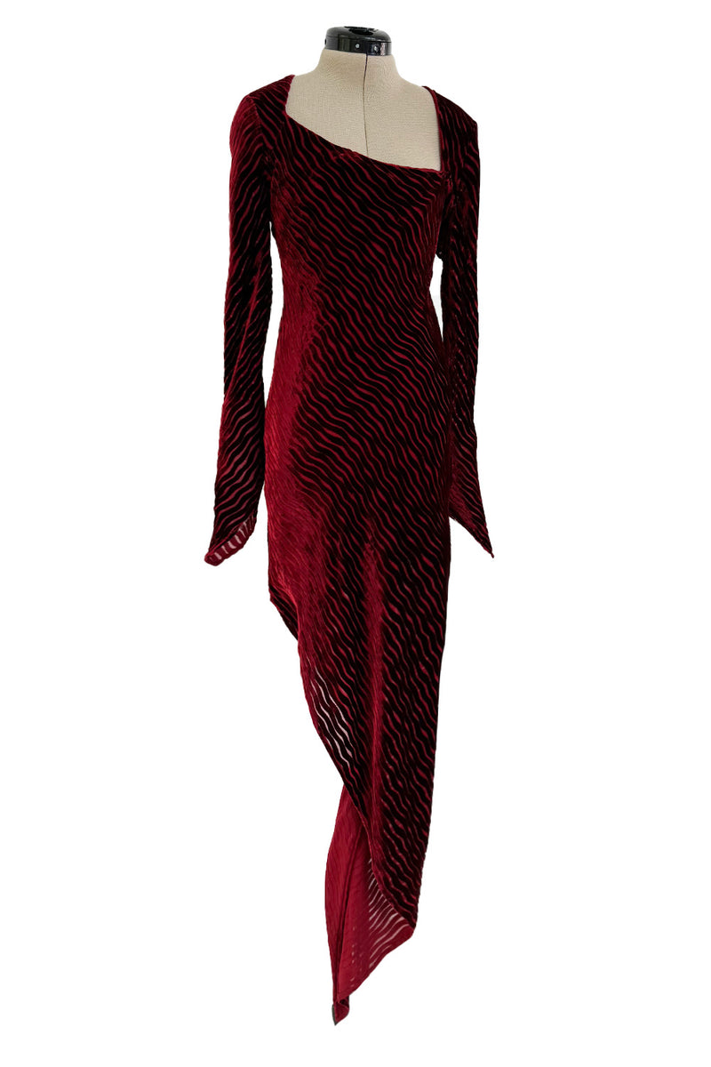 Fall 1994 Karl Lagerfeld Runway Deep Red Cut Velvet Bias Cut Dress w Angled Hem