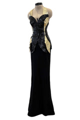 c.1973 Loris Azzaro Backless Black Jersey Dress w Gold & Black Sequin Flame Halter Top