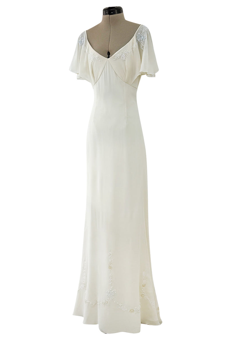 Pretty 2000s Blumarine Sposa Ivory Cape Sleeve Wedding Dress w Train & Emrpoidery