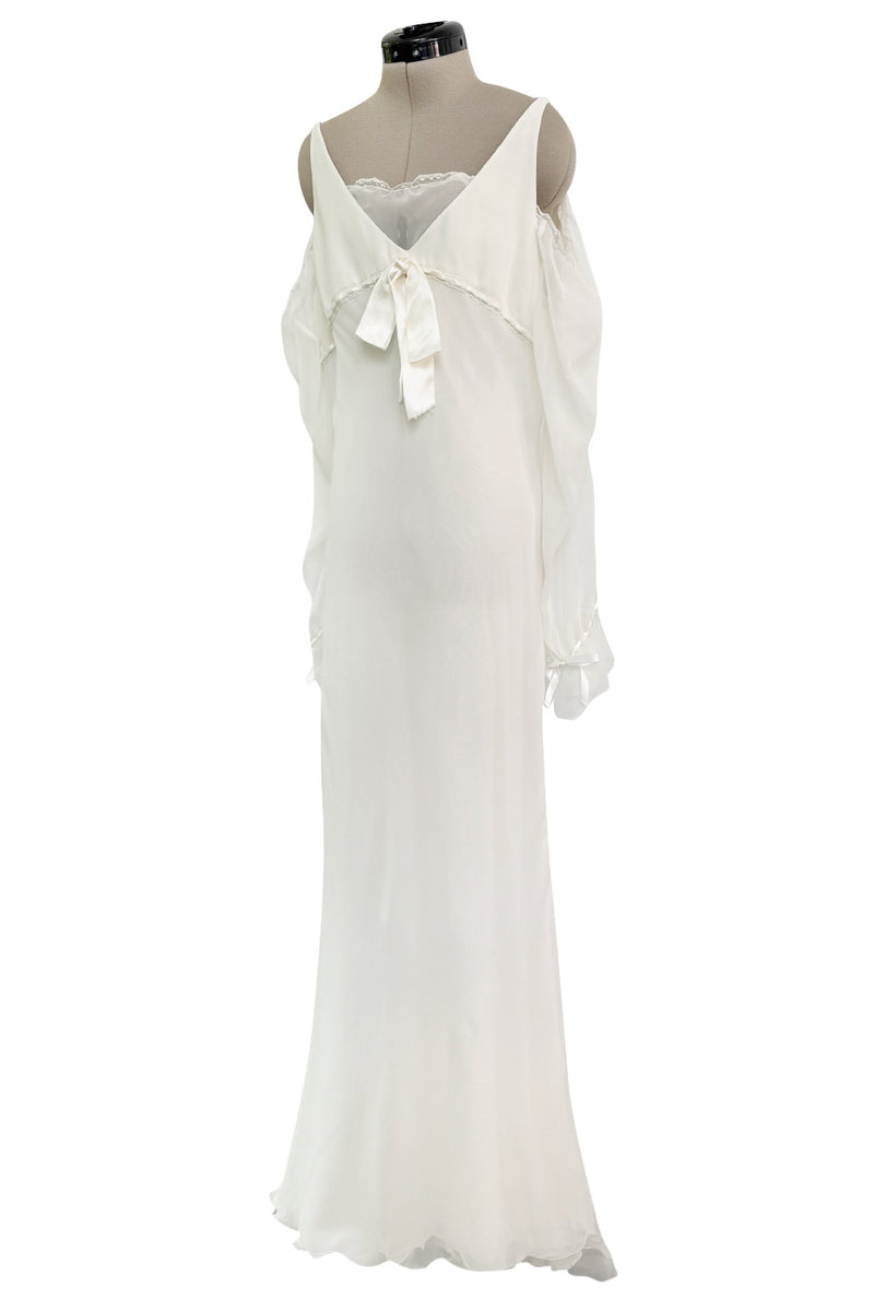 Prettiest 2000s Blumarine Sposa Ivory Chiffon Wedding Dress w Attached Sleeves & Open Shoulder