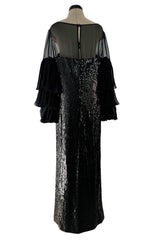 Killer 1980s Louis Feraud Black Sequin Dress w Amazing Tiered Silk Chiffon Sleeves