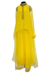 Prettiest Pre-Fall 2020 Gucci by Alessandro Michele Yellow Silk Dress Caftan w Jewel Collar & Front