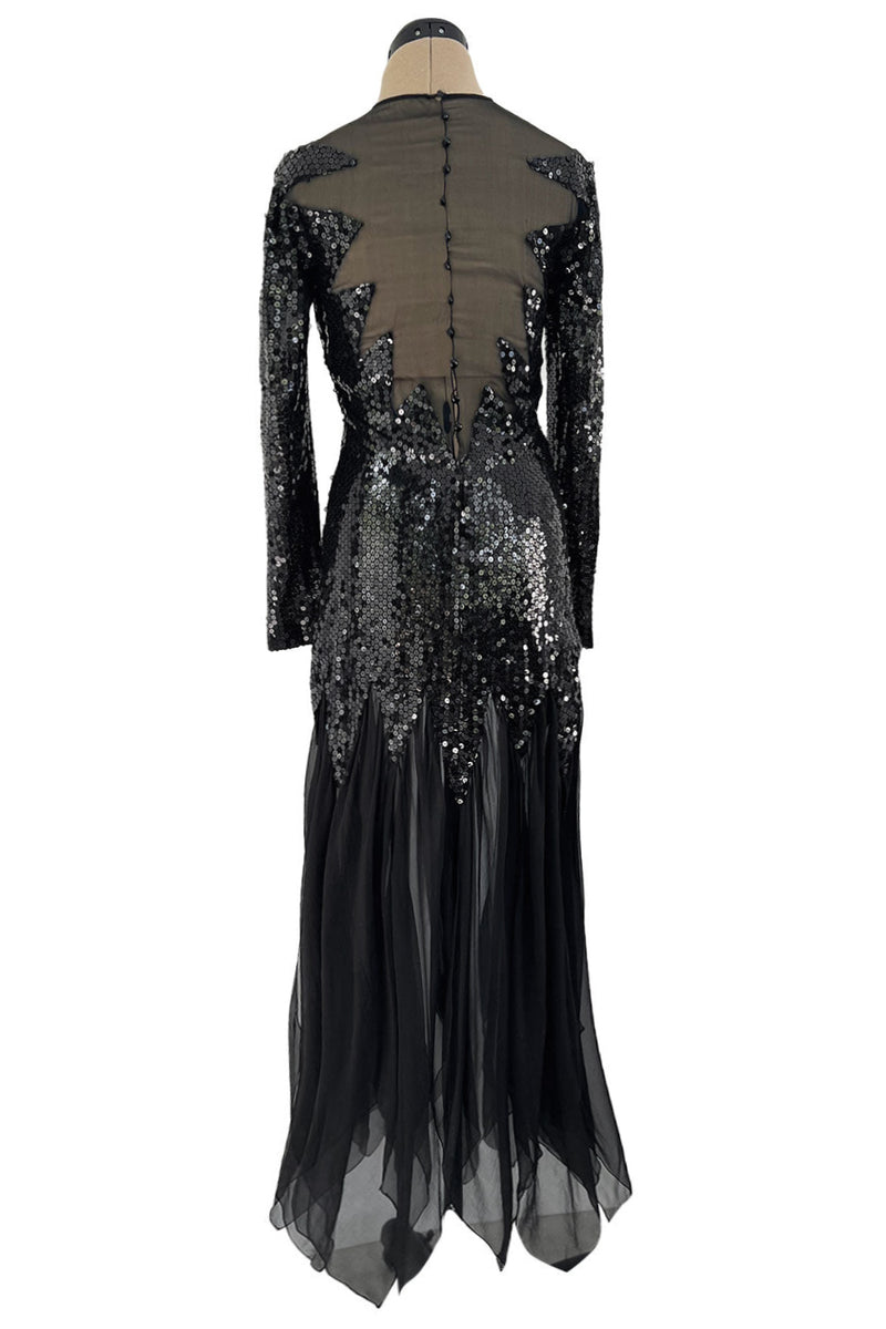 1973 Loris Azzaro Couture Black Sequin & Silk Chiffon Insets Dress w Pointed Hem