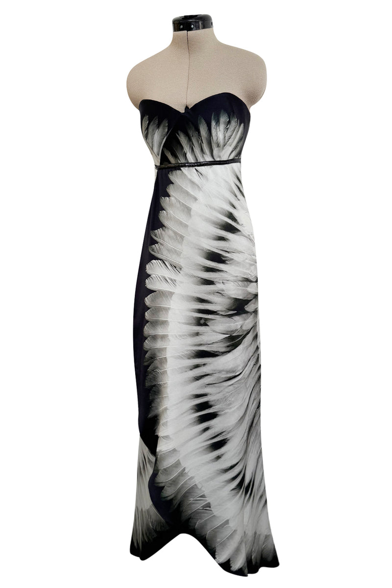 Fabulous 2007 Alexander McQueen Strapless Silk Black & Grey Tone Feather Print Dress