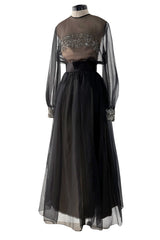 Dreamy 1960s Roger Freres Black Silk Organza Dress w Rhinestone Detailing