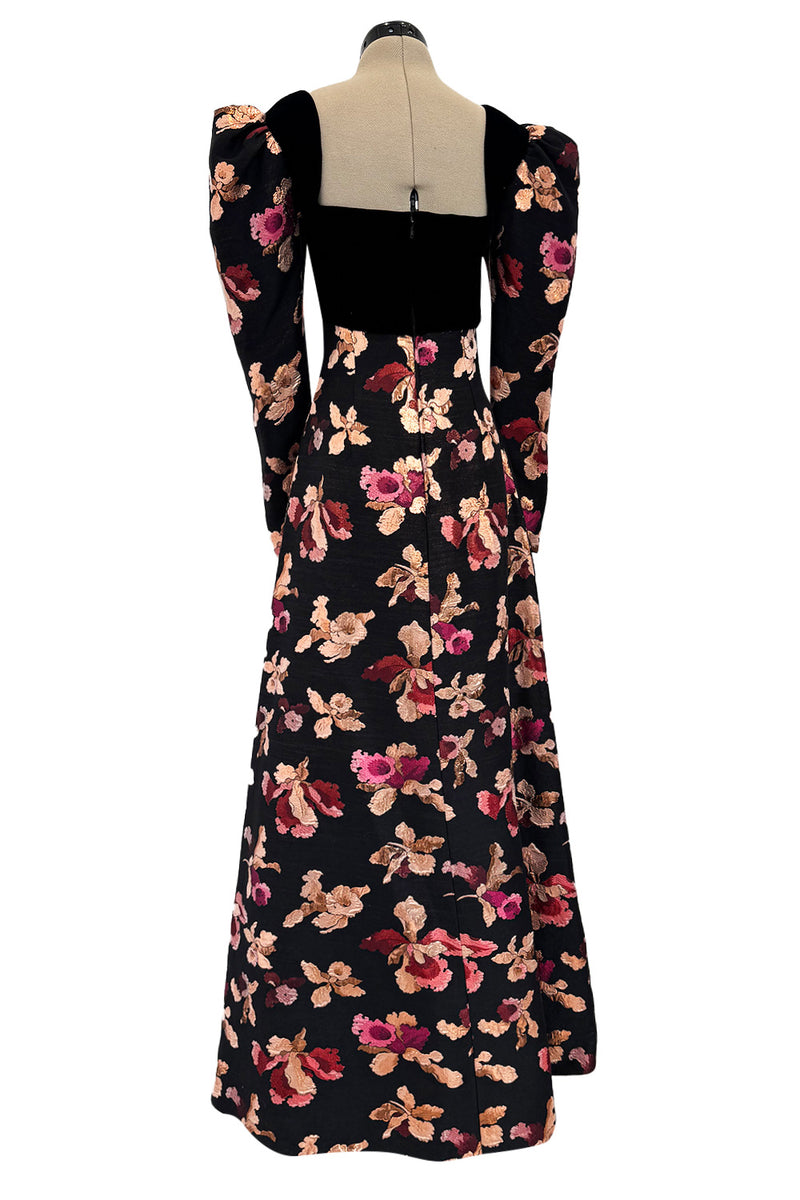 Stunning 1970s Givenchy Floral Silk Brocade Dress w Velvet Bodice & Bow