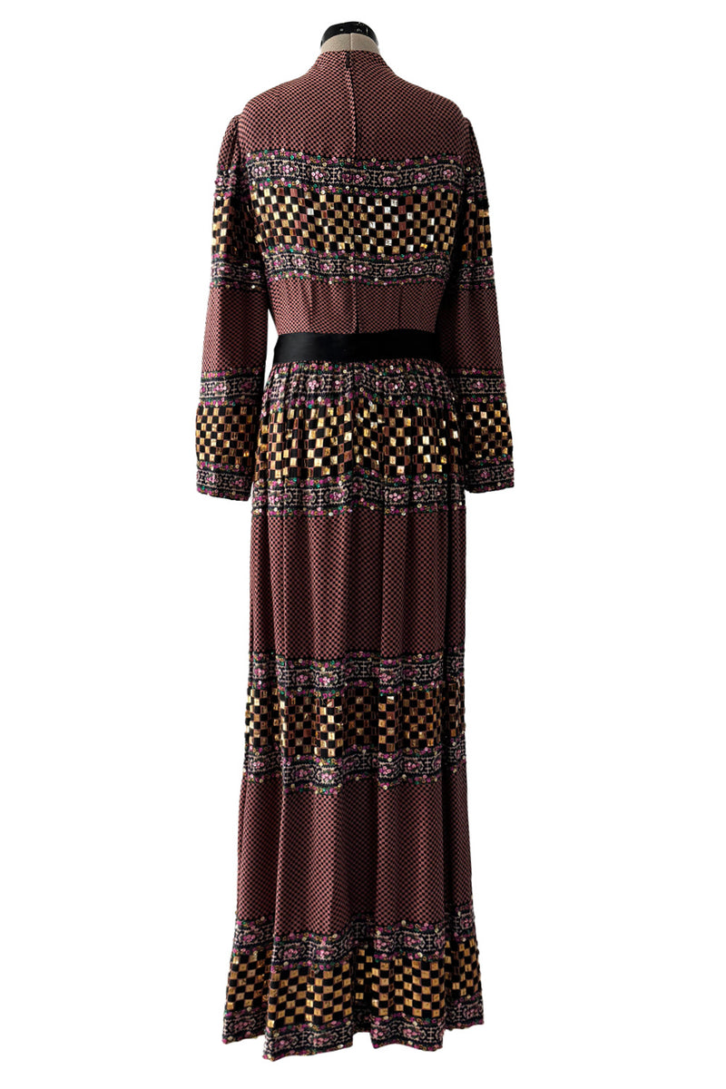 1970s Christian Dior by Marc Bohan Printed Silk Dress w Sequin Detailing & Bow Belt