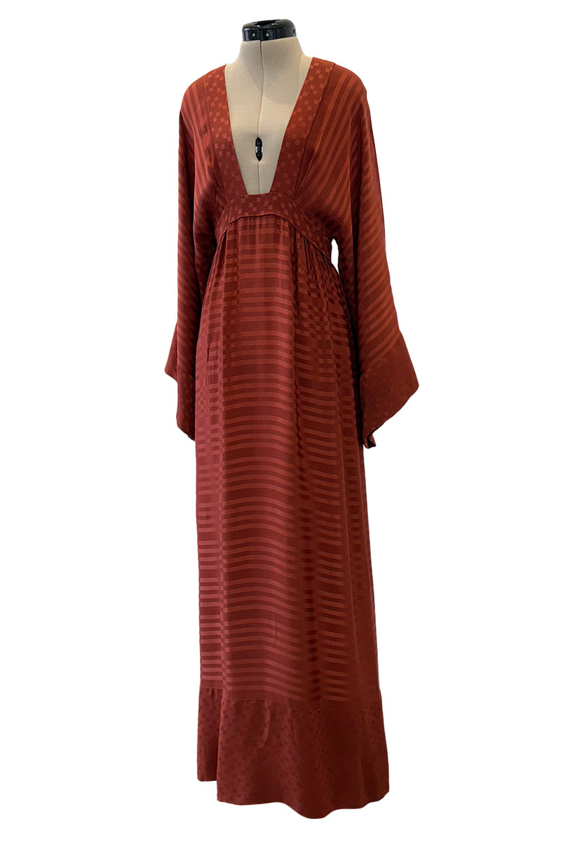 1970s Jean Varon Rust Clay Coloured Silk Wide Sleeve Dress w Plunge Front