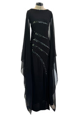 1990s Loris Azzaro Black Stretch Jersey Dress w Chiffon Angel Sleeves & Black Sequin Detailing