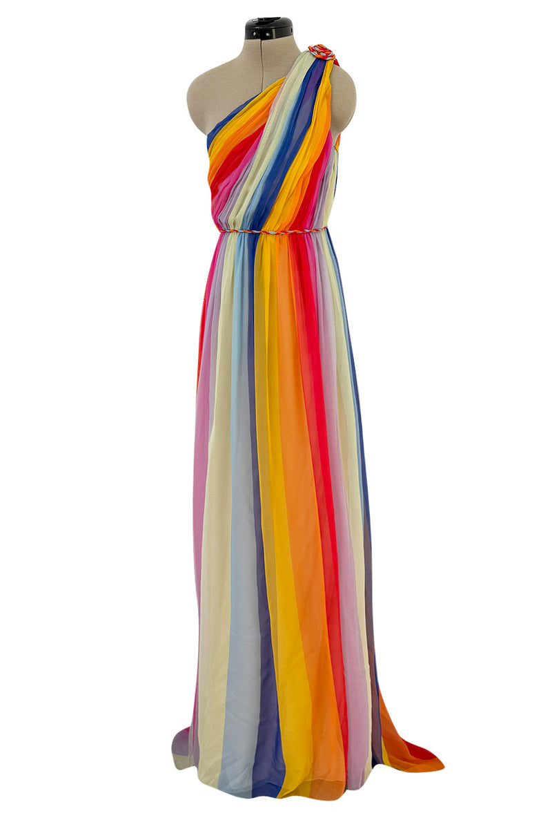 Resort 2019 Carolina Herrera by Wes Gordon Look 7 One Shoulder Rainbow Stripe Silk Chiffon Dress