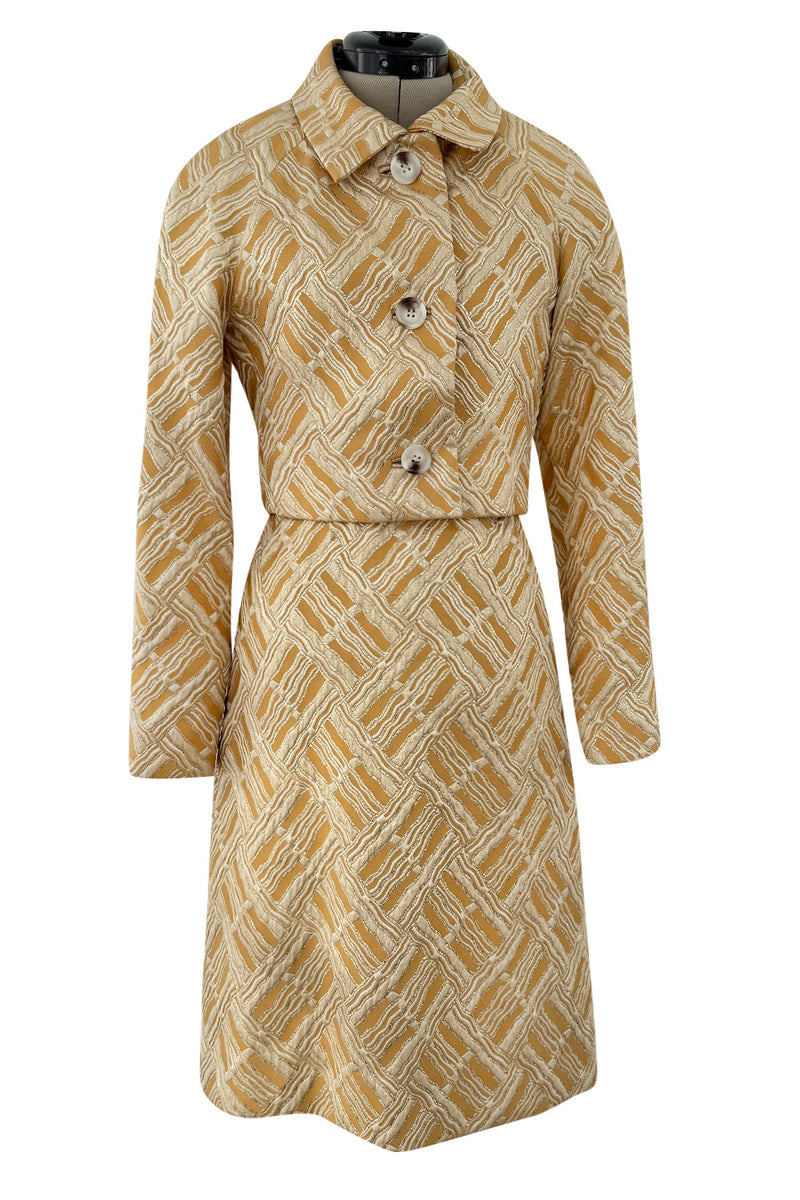 Chic 1960s Malcolm Starr by Elinor Simmons Gold Metallic Brocade Dress & Jacket Set