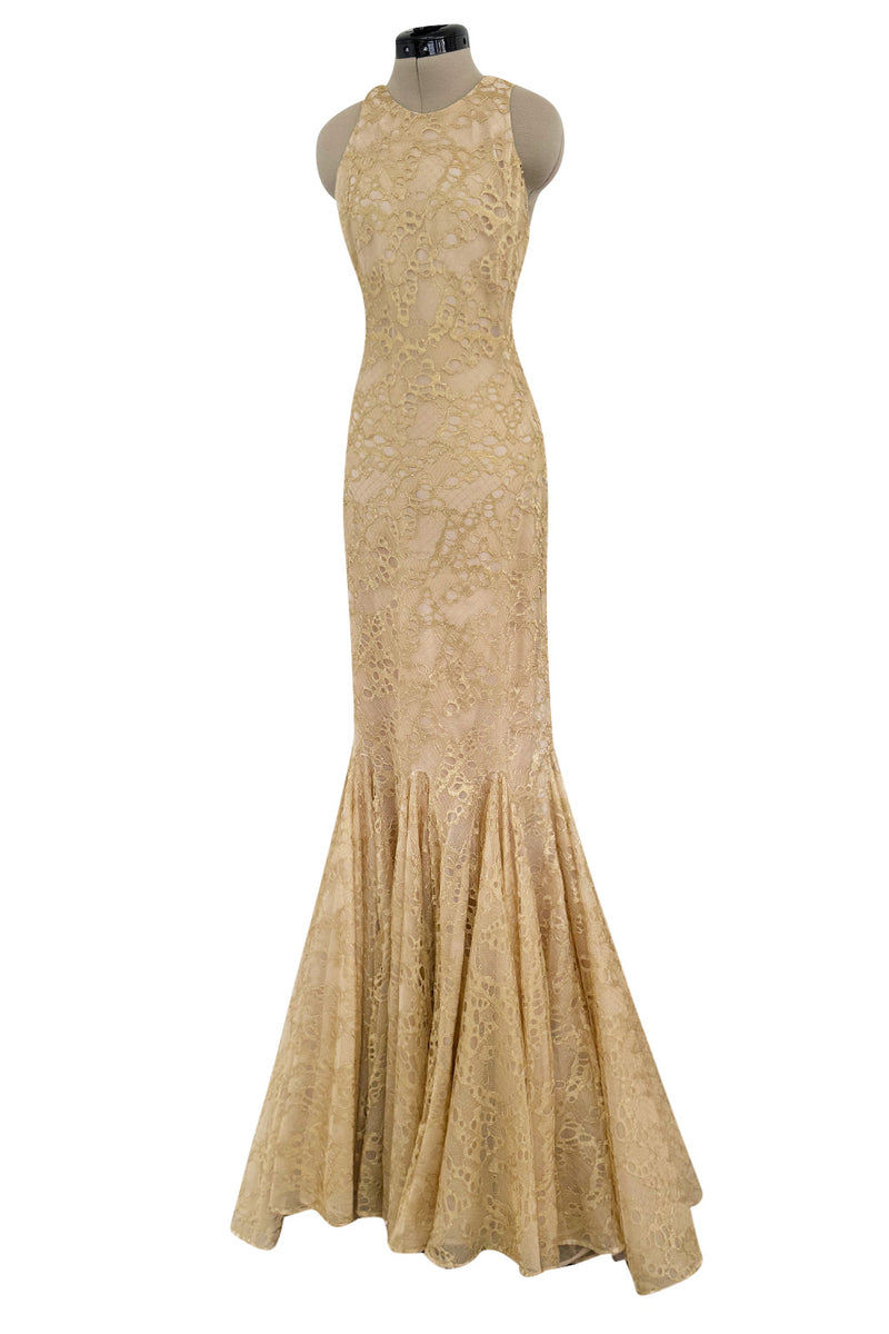 Incredible Spring 2012 Alexander McQueen by Sarah Burton Gold Lace Dress w Full Lower Skirting