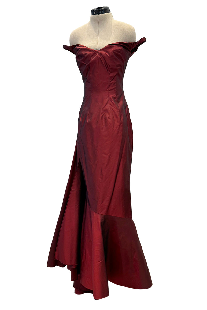 Magnificent Rare Fall 2000 John Galliano Deep Burgundy Red Silk Taffeta Corset Dress w Extended Panel