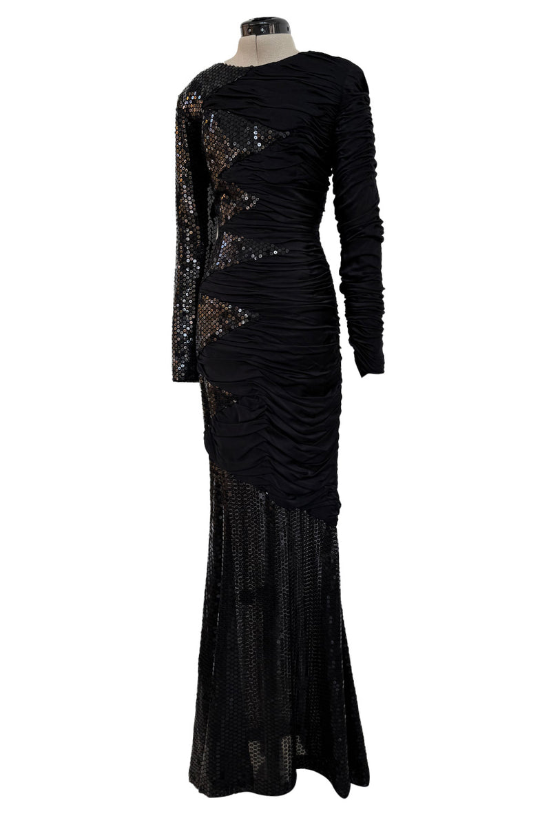 Amazing 1970s Loris Azzaro Black Sequin & Jersey Inset Dress w Low V Back