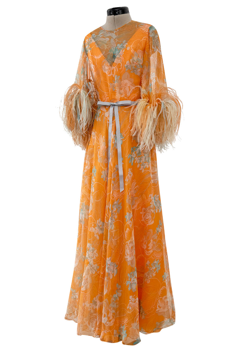 Exquisite 1960s Harry Algo printed Peach Silk Chiffon Dress w Feather Detailing