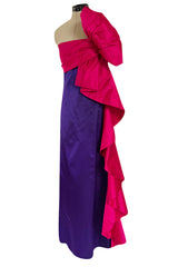 Spring 1984 Bill Blass Runway Purple Silk Dress w One Shoulder Bow & Long Ruffle