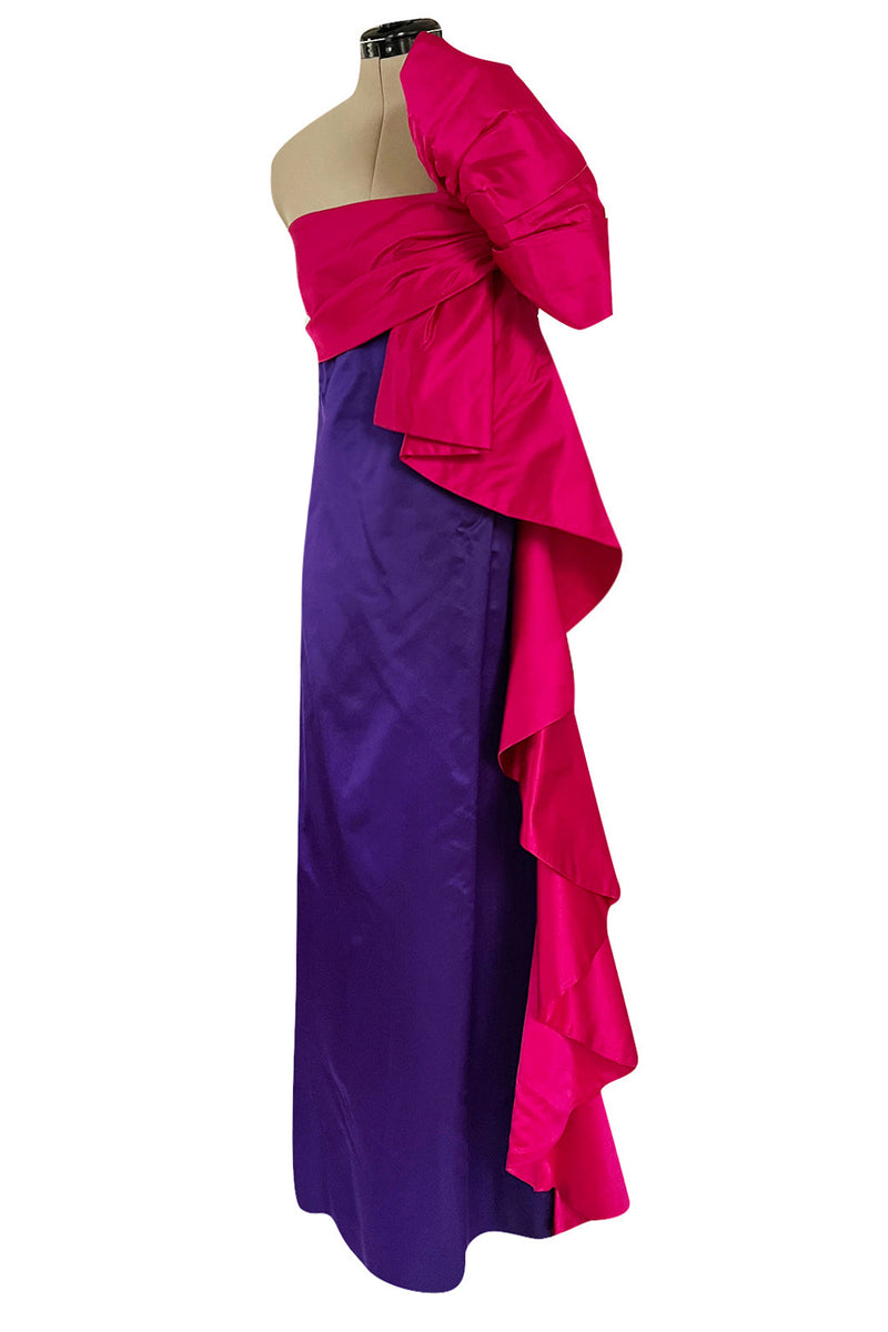 Spring 1984 Bill Blass Runway Purple Silk Dress w One Shoulder Bow & Long Ruffle