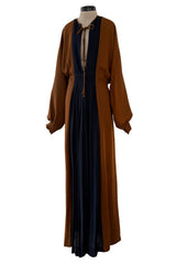 Amazing 1970s James Galanos Couture Brown & Black Navy Silk Crepe Front Slit Dress