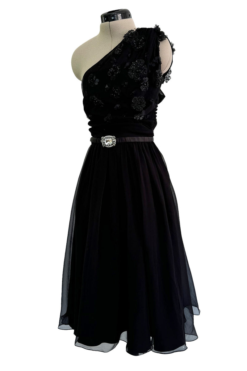 Cruise 2008 Christian Dior by John Galliano Embellished One Shoulder Black Silk Chiffon Dress