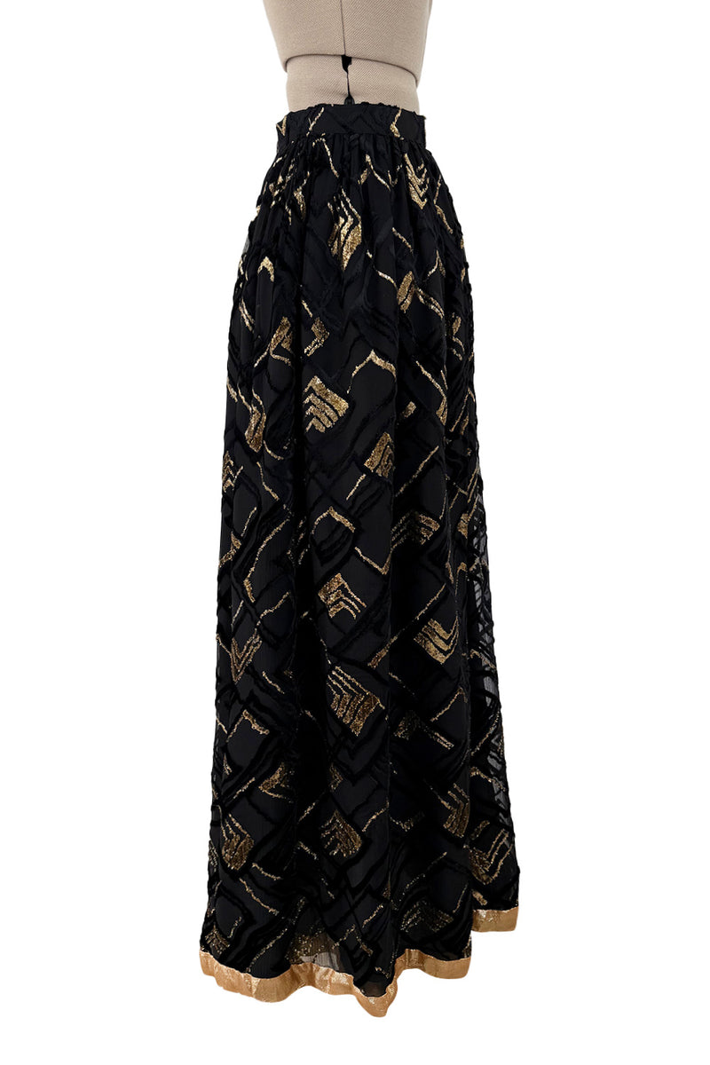 Fantastic 1970s Adolfo Black SIlk Chiffon Velvet & Gold Eyelash Detailed Skirt