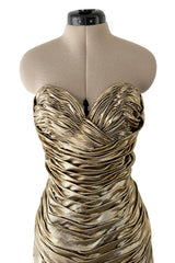 Outstanding 1984 Vicky Tiel Couture Metallic Gold Lame Gathered & Draped Strapless Dress