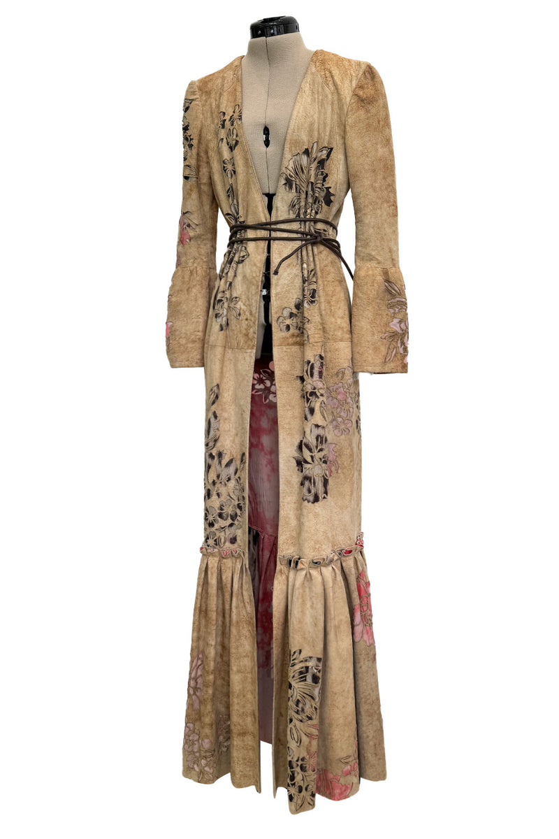 Extraordinary Spring 2002 Roberto Cavalli Runway Look 5 Hand Painted Distressed Suede Full Length Coat