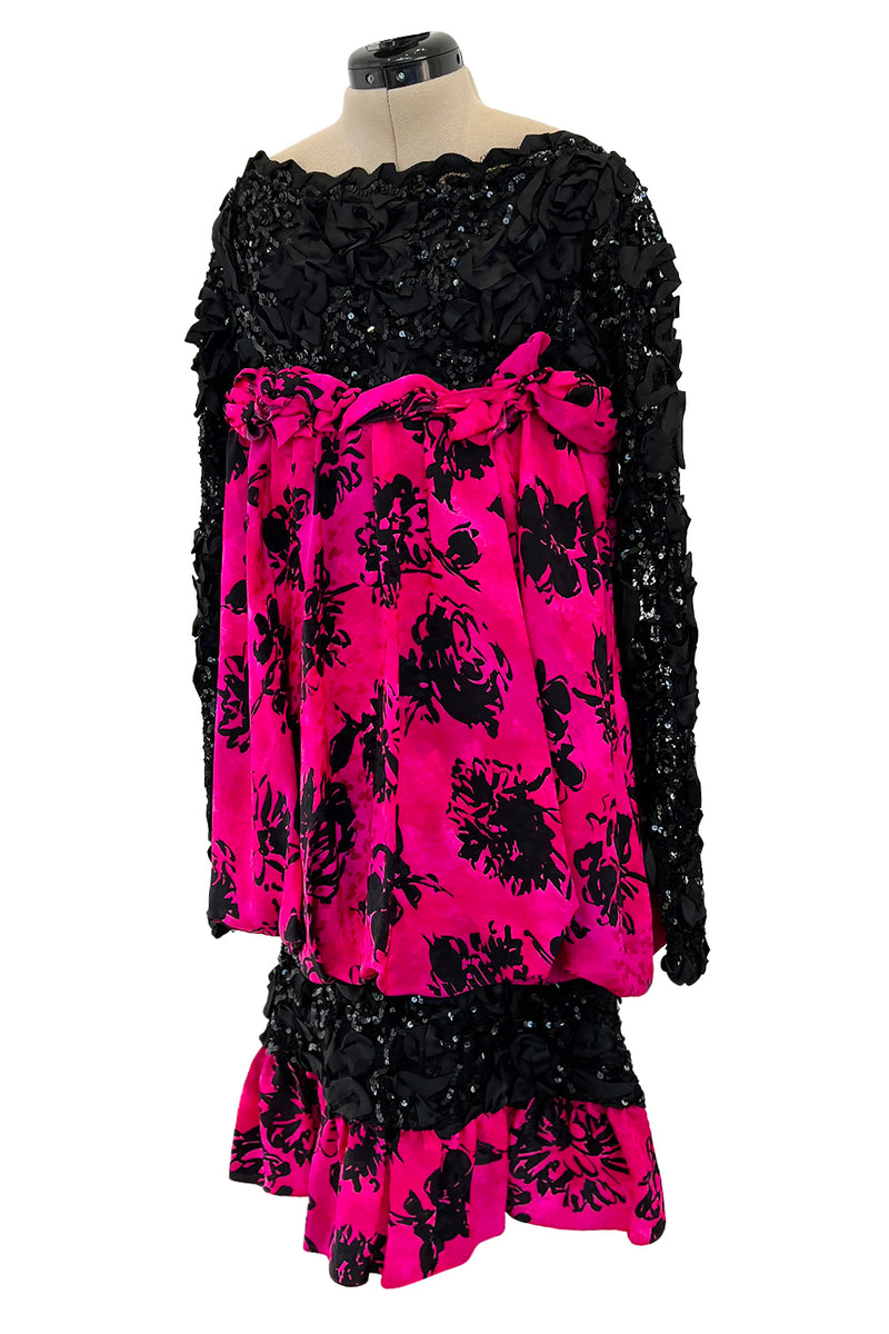 Dramatic Fall 1987 Yves Saint Laurent Runway Pink & Floral Silk Dress w Lace & Sequin Detail