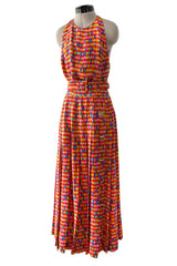 Chic 1990s Bill Blass Silk Multi Colour Print Halter Dress w Pleated Skirt & Belt