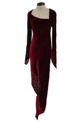 Fall 1994 Karl Lagerfeld Runway Deep Red Cut Velvet Bias Cut Dress w Angled Hem