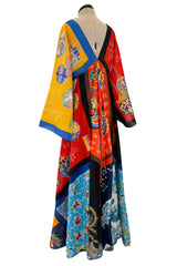 Iconic 1972 LaVetta Multi Scarf Printed Silk Caftan Dress w Wide Sleeves